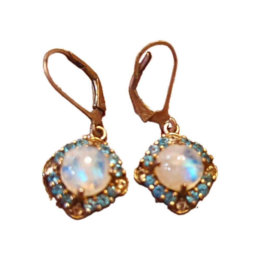 Leverback Dangle Earrings Silver Tone Blue & White Round Rhinestones